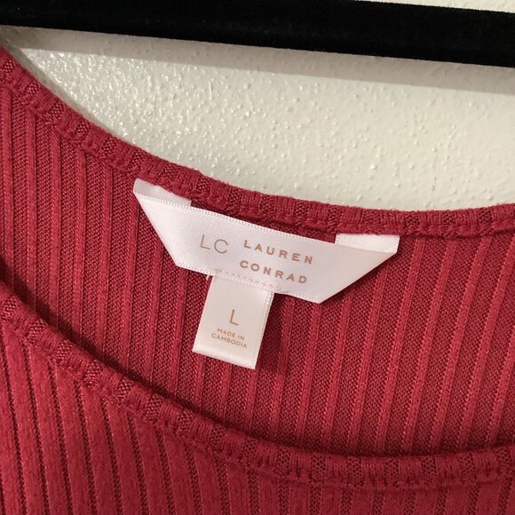 Red Ribbed Layered Ruffle Feminine Cozy Casual Autumn Fall Long Sleeve Top L - Picture 4 of 9